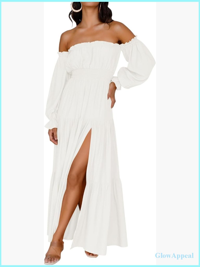 Boho Off Shoulder Maxi Dress Long Sleeve Flowy A-Line Side Split Wedding Guest